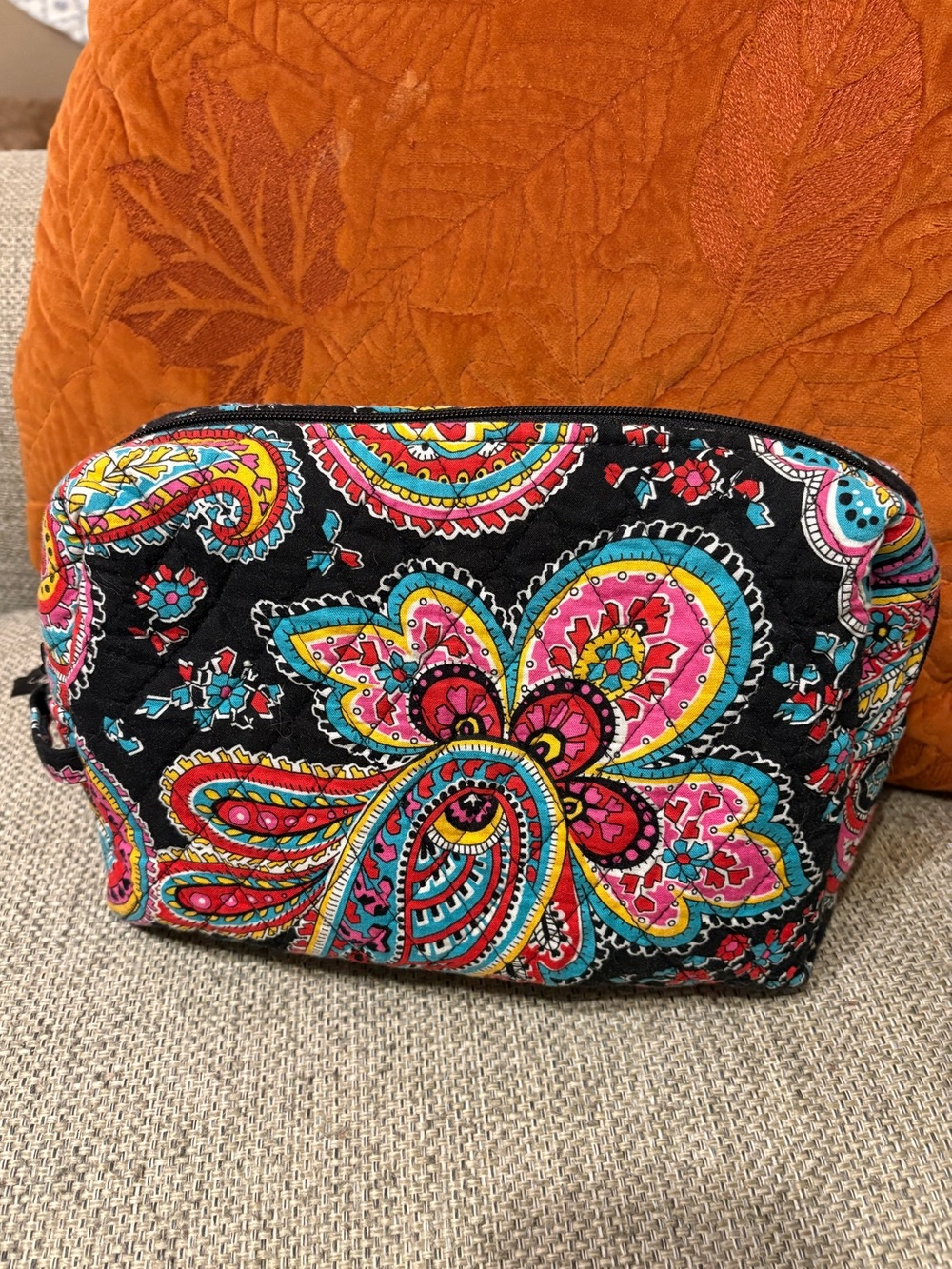 Vera Bradley Quilted Cosmetic Pouch - Black with Multicolor Paisley Print